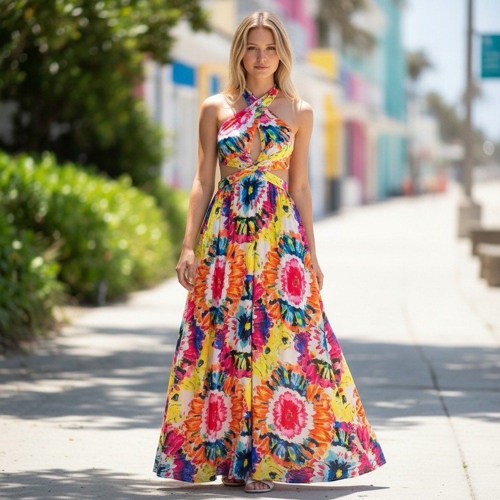 Miss Sparkling Maxi Dress Womens Medium Multicolor Floral Cut-Out Halter Summer